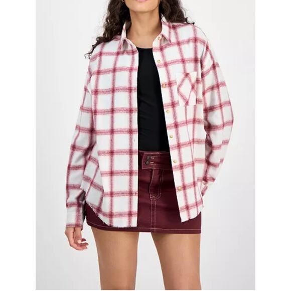 Just Polly Tops - Just Polly Juniors Girlfriend Frayed-Hem Plaid Shirt Size XS